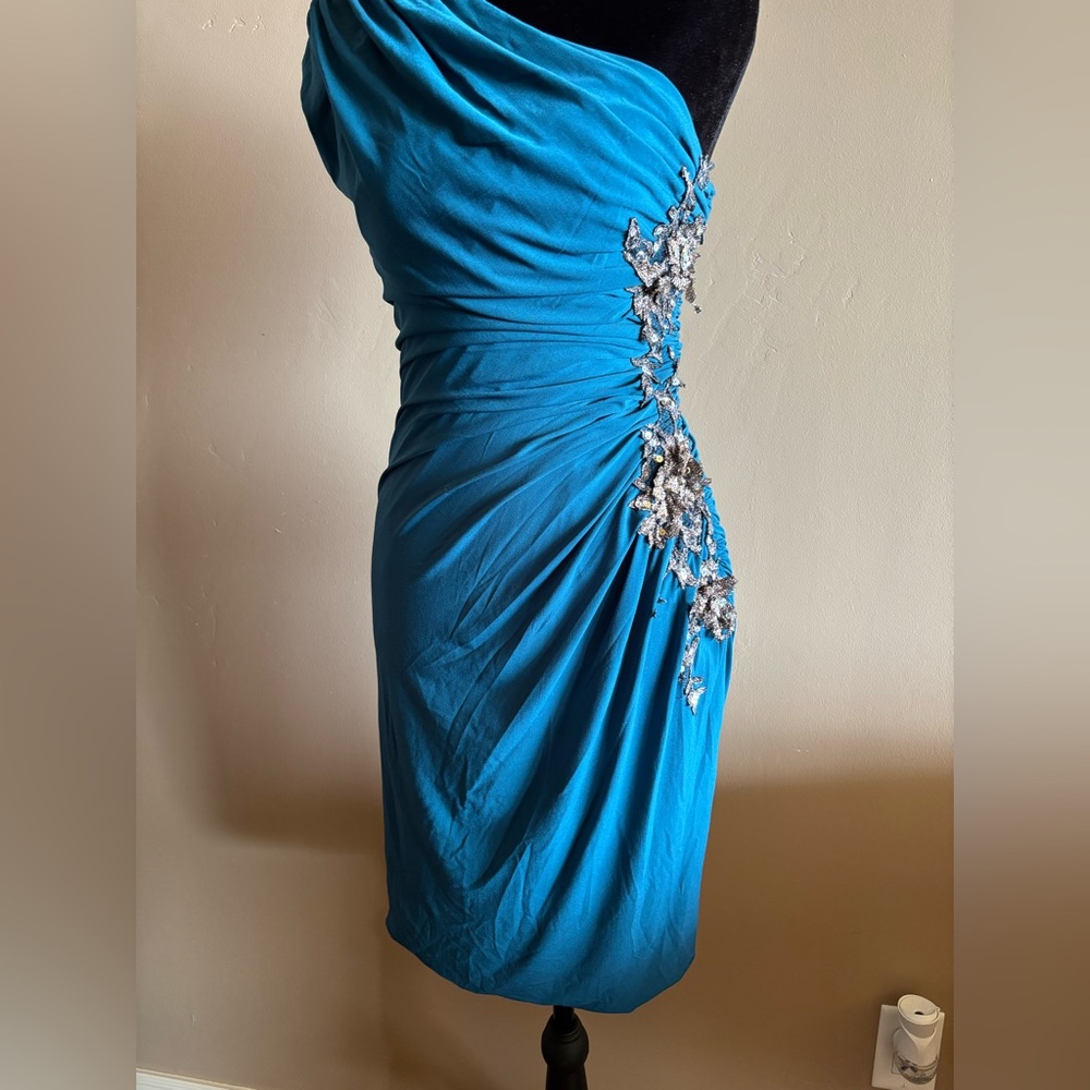 Mandalay teal One-Shoulder Dress with gold  Accents
